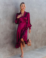 Anniversary Satin Wrap Midi Dress - Merlot - FINAL SALE