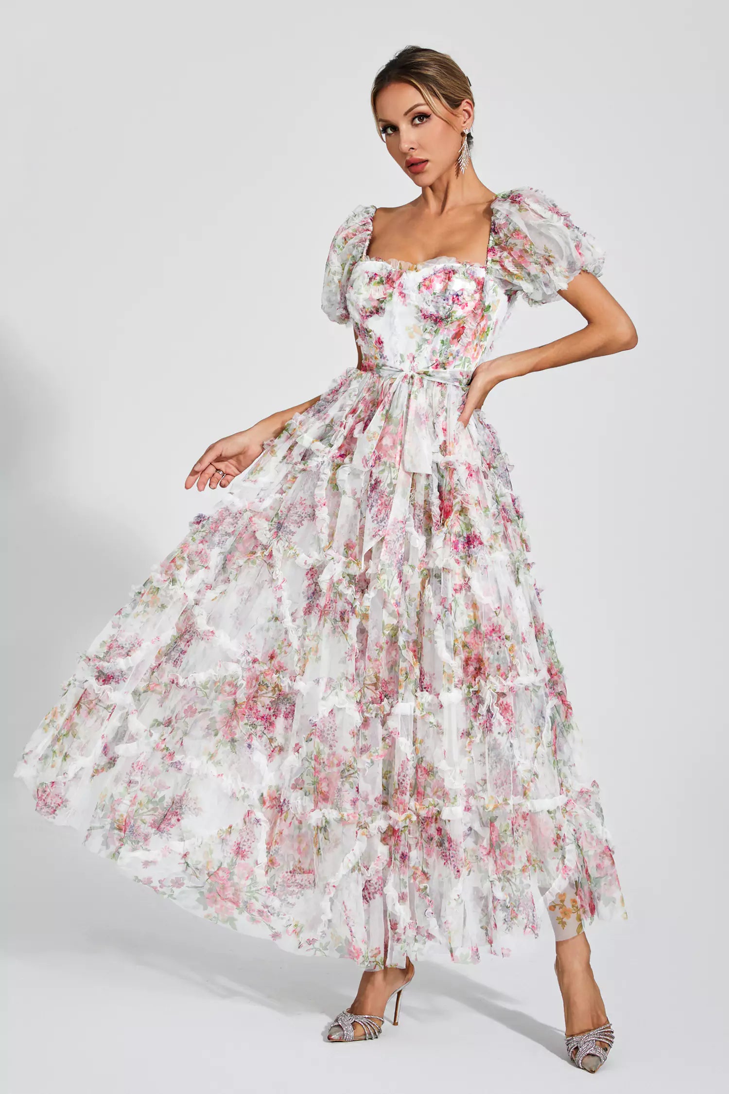 Arlette White Bubble Sleeve Maxi Dress