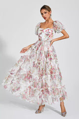 Arlette White Bubble Sleeve Maxi Dress