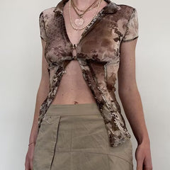 Vintage V Neck Mesh Print Short Sleeve Tee NewGew