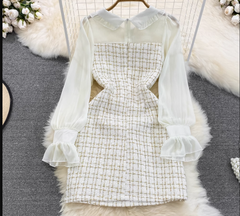 A-Linien-Kleid aus Tweed mit Chiffonnähten und langen Ärmeln