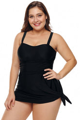 Schwarzes, zweiteiliges Skater-Badekleid mit Schulterträgern in Übergröße