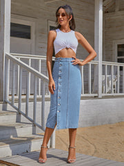 Button Front Non-Stretch Denim Maxi Pencil Skirt Sai Feel