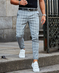 Men' s Casual Grid Skinny Long Pants