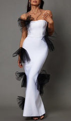 Strapless Pleated Tulle Bow Maxi Dress