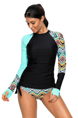 Contrast Blue Black Detail Long Sleeve Tankini Swimsuit