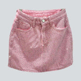 Diamonds embellished front denim skirt