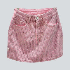 Diamonds embellished front denim skirt