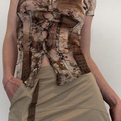 Vintage V Neck Mesh Print Short Sleeve Tee