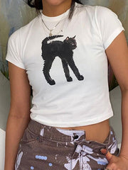 Schwarzes Crop-Top mit Katzen-Print