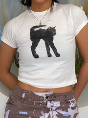 Schwarzes Crop-Top mit Katzen-Print