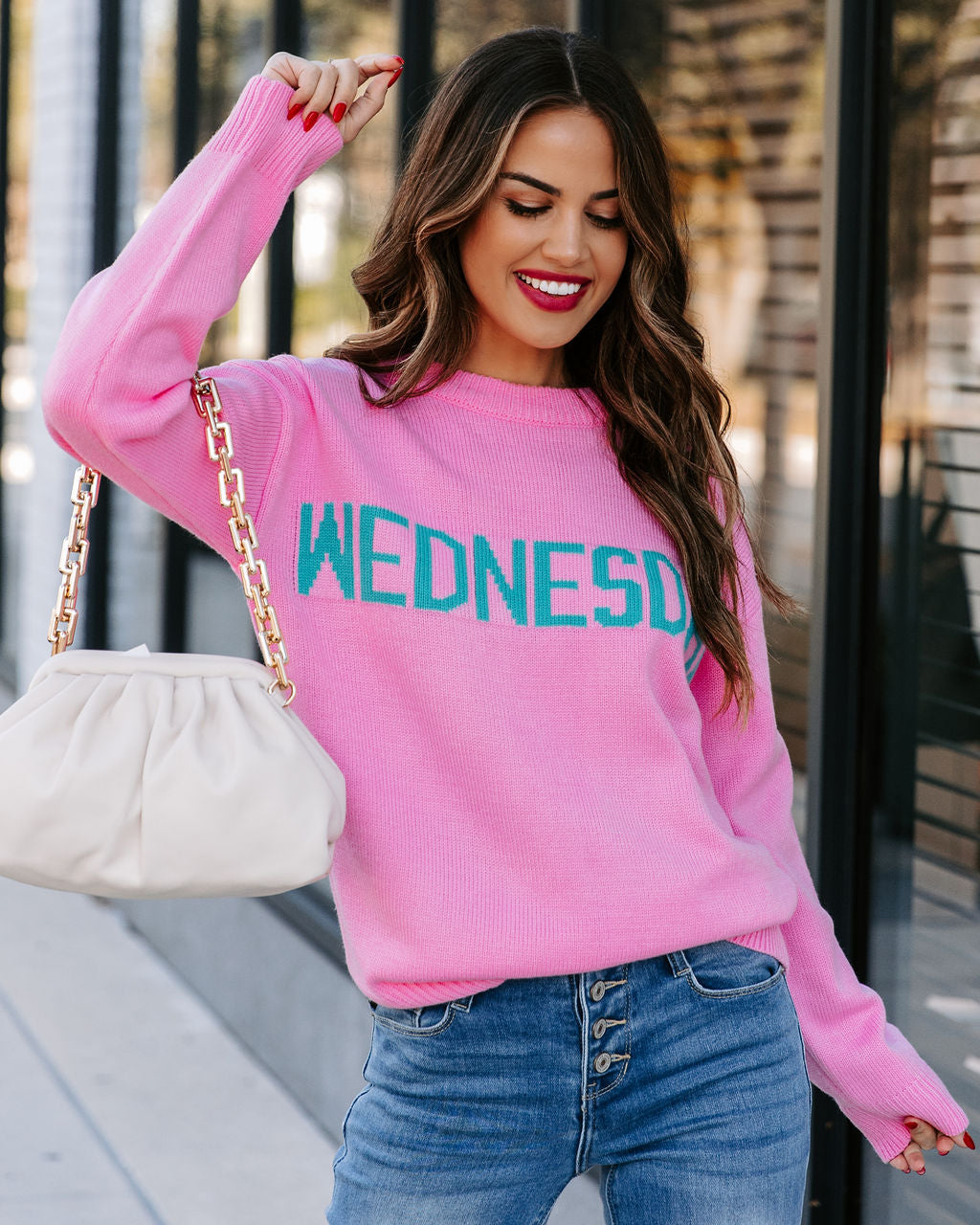 Wednesday Wearing Pink Knit Sweater Ins Street