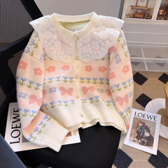 Damen Herbst und Winter Strickjacke mit Puppenkragen Pullover