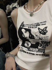 Gothic Punk Printed Rib Crop Tank Top