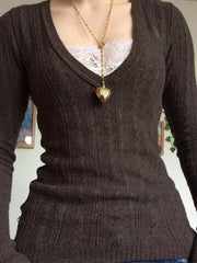 Vintage-Stricktop mit V-Ausschnitt und Zopfmuster