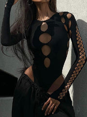 Schwarzer Bodysuit mit Cut-outs und langen Ärmeln