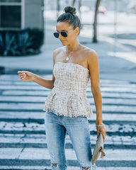 Bellany Strapless Tweed Peplum Top - Ivory Pink