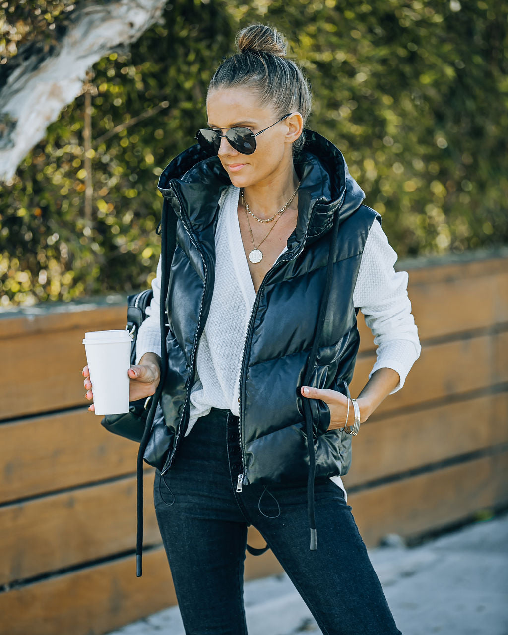 Shelton Pocketed Hooded Faux Leather Puffer Vest Ins Street