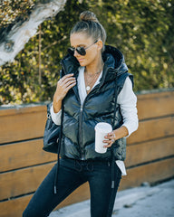 Shelton Pocketed Hooded Faux Leather Puffer Vest Ins Street