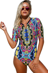 Abstract Print Zip Front Half Sleeve One Piece Swimsuit