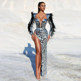 Maxi-Bodycon-Kleid mit eckigem Kragen, langen Ärmeln und Pailletten