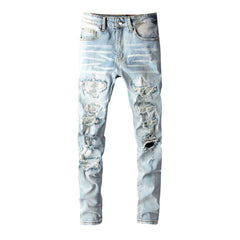 Crystal-embellished patchwork men jeans