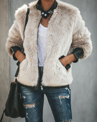 Vanity Faux Fur Leather Trim Pocketed Jacket