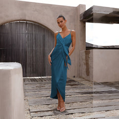 Simplee Casual Grün V-ausschnitt Strap Midi Frauen Kleid 2021 Asymmetrische Gürtel Urlaub A-linie Sommer Kleid Ärmelloses Party Vestidos