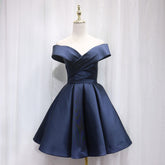 Marineblaues Homecoming-Kleid, schulterfrei, Satin, dunkelblau, kurzes Ballkleid