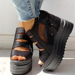 Side Zipper Peep Toe Patchwork Platform Sandals Pairmore