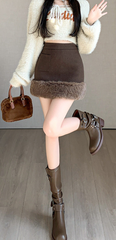 Faux Fur Trim Knitted Mini Skirt