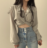 Vittoria Tie Front Crop Blouse - Medium Grey Ins Street