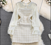 A-Linien-Kleid aus Tweed mit Chiffonnähten und langen Ärmeln