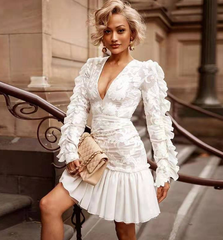 Lace sexy temperament ruffle sleeve dress