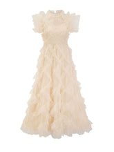 Maxi-Bodycon-Kleid mit hohem Halsausschnitt und kurzen Ärmeln, Rüschen, HT0916