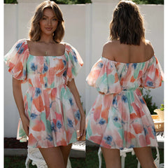 Swingy Rainbow Tie Dye Puffärmel gesmoktes Mini-Sommerkleid - Mehrfarbig