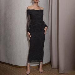 SquAre-Neck Puff Sleeve Mesh Pleated Stitched Velvet Waist Midi Dress