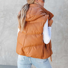 Adler Pocketed Hooded Faux Leather Puffer Vest - Camel