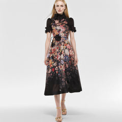 Floral Appliqued Mesh Midi Dress In Beige