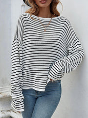 Striped Leaf Off-Shoulder T-Sleeve Top