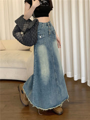 Vintage sanded long denim skirt