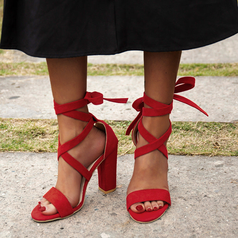 Lace Up High Heeled Sandals Chunky Block Ankle Tie Strap Heels Pairmore