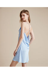 Glänzendes Satin Strass U-Ausschnitt Ärmelloses Party Minikleid - Blau