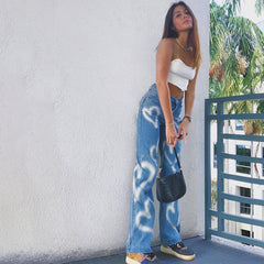Heart Graffiti Print Straight Jeans