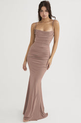 Vintage Square Neck Ruched Corset Fishtail Evening Maxi Dress - Khaki