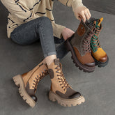 Women Retro Color Matching Patchwork Leather Combat Boots Newgew Shoes