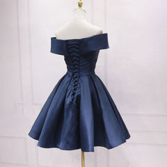 Marineblaues Homecoming-Kleid, schulterfrei, Satin, dunkelblau, kurzes Ballkleid