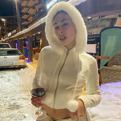 90er-Strickjacke mit Reißverschluss und Kunstbesatz