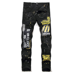 Golden print black men jeans