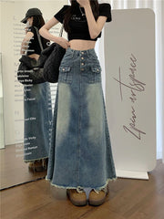 Vintage sanded long denim skirt